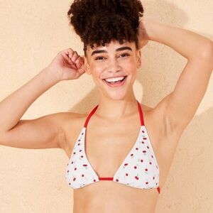 White Embroidered Cherry Print Triangle Bikini Top with Red Trim XL